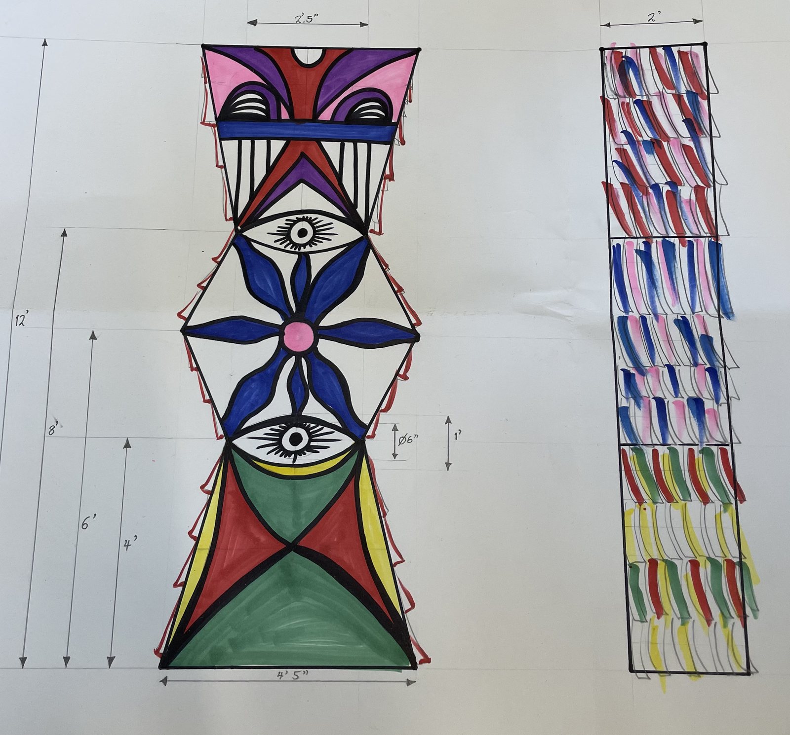 A hand drawn design sheet: the pillar in elevation with its painted panels and two eyes, dimensioned 12 feet tall, 2.5 feet across the top and 4 feet 5 inches across the foot, beside a second drawing of the LED run marked in color bands, pinks and blues at the top, blues through the middle, greens and yellows at the foot