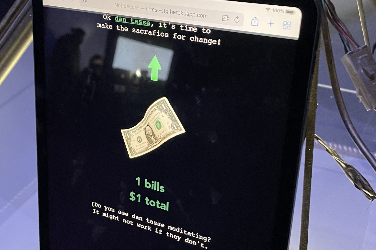 A tablet on the pyramid reading: Ok dan tasse, it is time to make the sacrafice for change, above a dollar bill graphic, one bills, one dollar total, and a note asking whether dan tasse is meditating