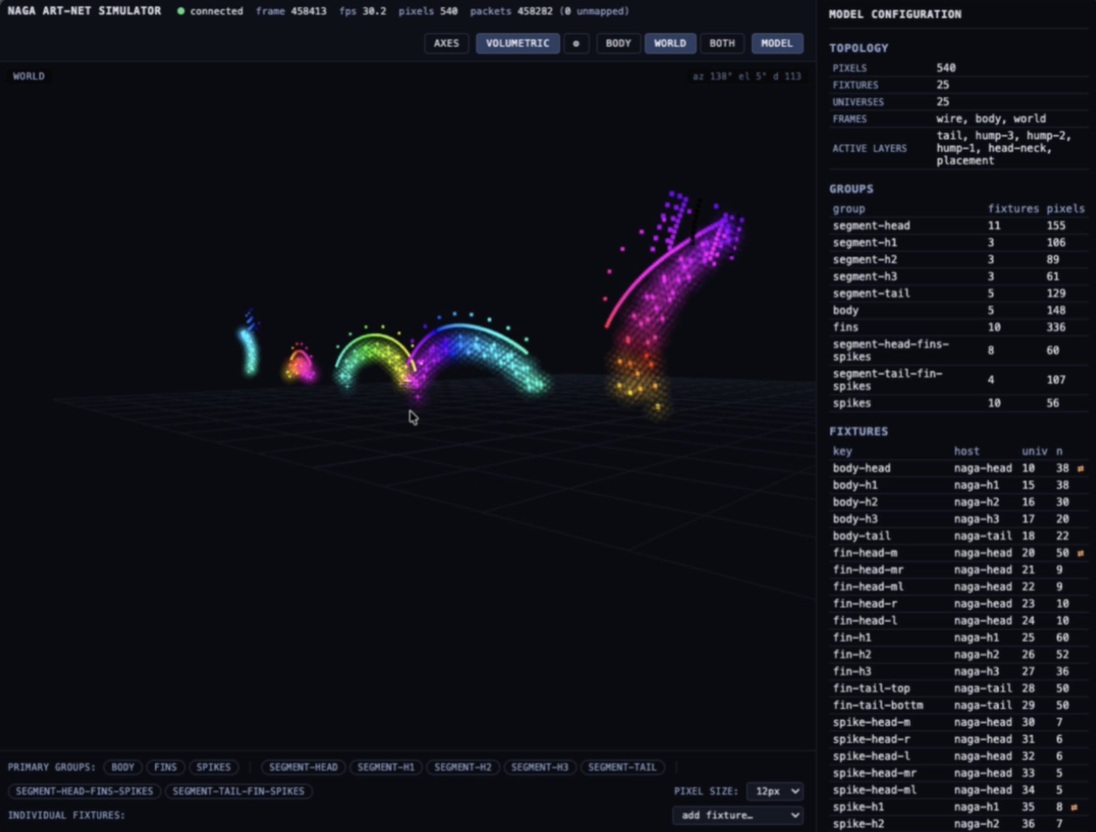 Art-Net simulator showing addressable pixels mapped along Naga's body
