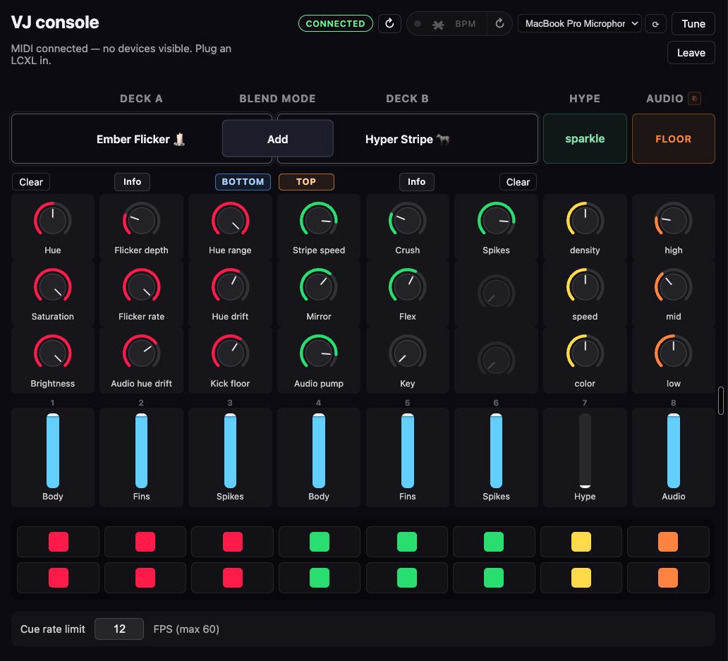 The VJ console in a browser: deck A holding Ember Flicker and deck B holding Hyper Stripe with an Add blend between them, three rows of knobs, eight faders labeled body, fins, spikes, hype and audio, and two rows of cue buttons