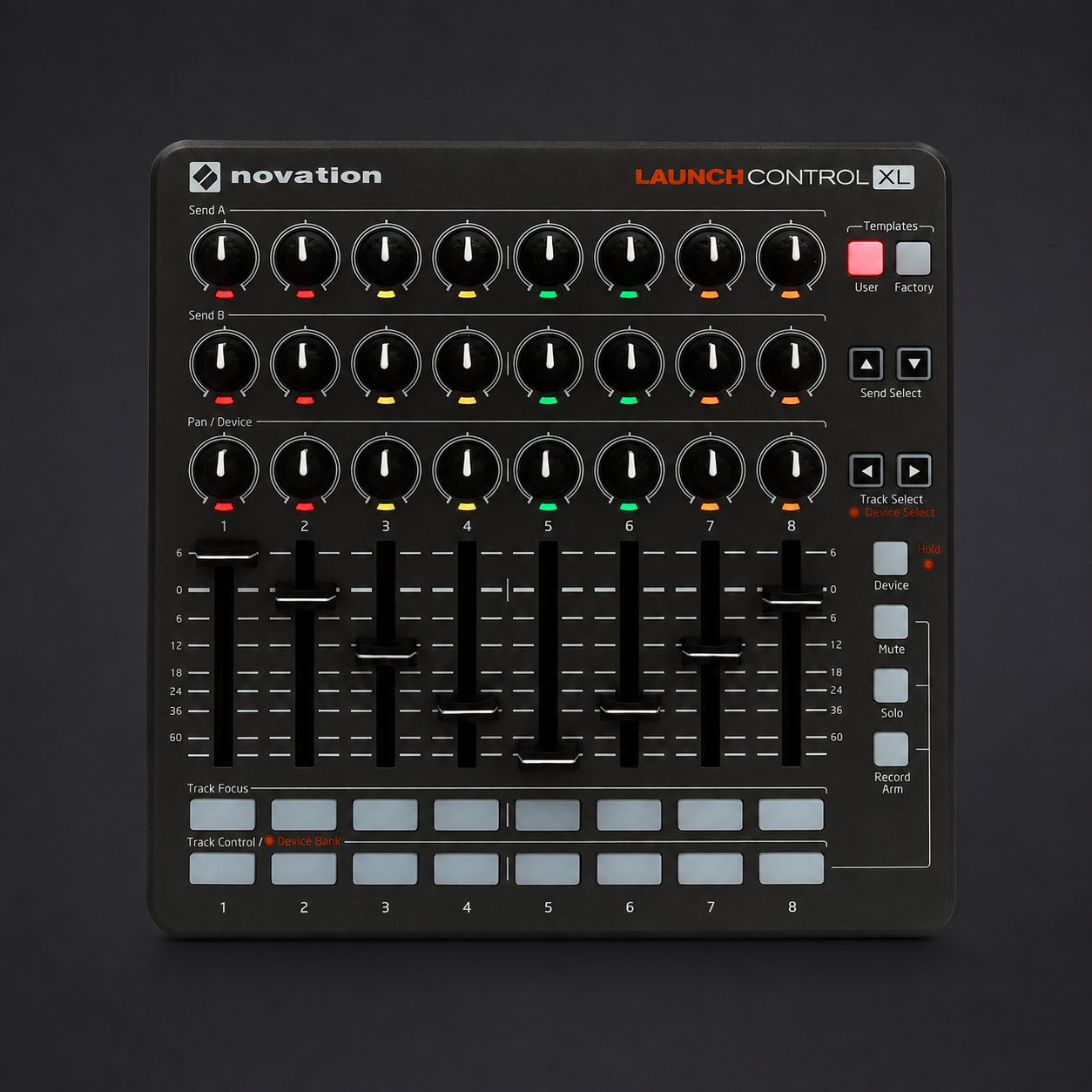 A Novation Launch Control XL on a dark ground: three rows of eight knobs with colored LEDs lit, over eight faders and two rows of pale buttons