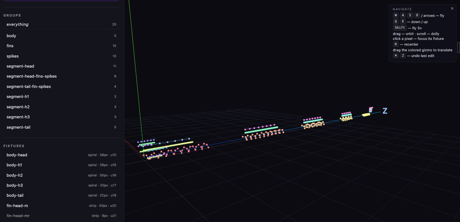 The editor showing the serpent's pixels laid out in a straight line along the Z axis, the five body spirals and their fins strung out evenly head to tail