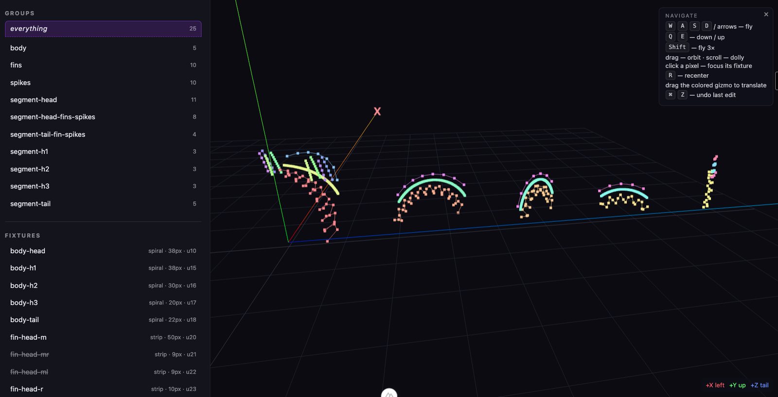 The same pixels after the transformation layers run, bent into three humps above the grid with the head reared up at one end and the tail trailing at the other