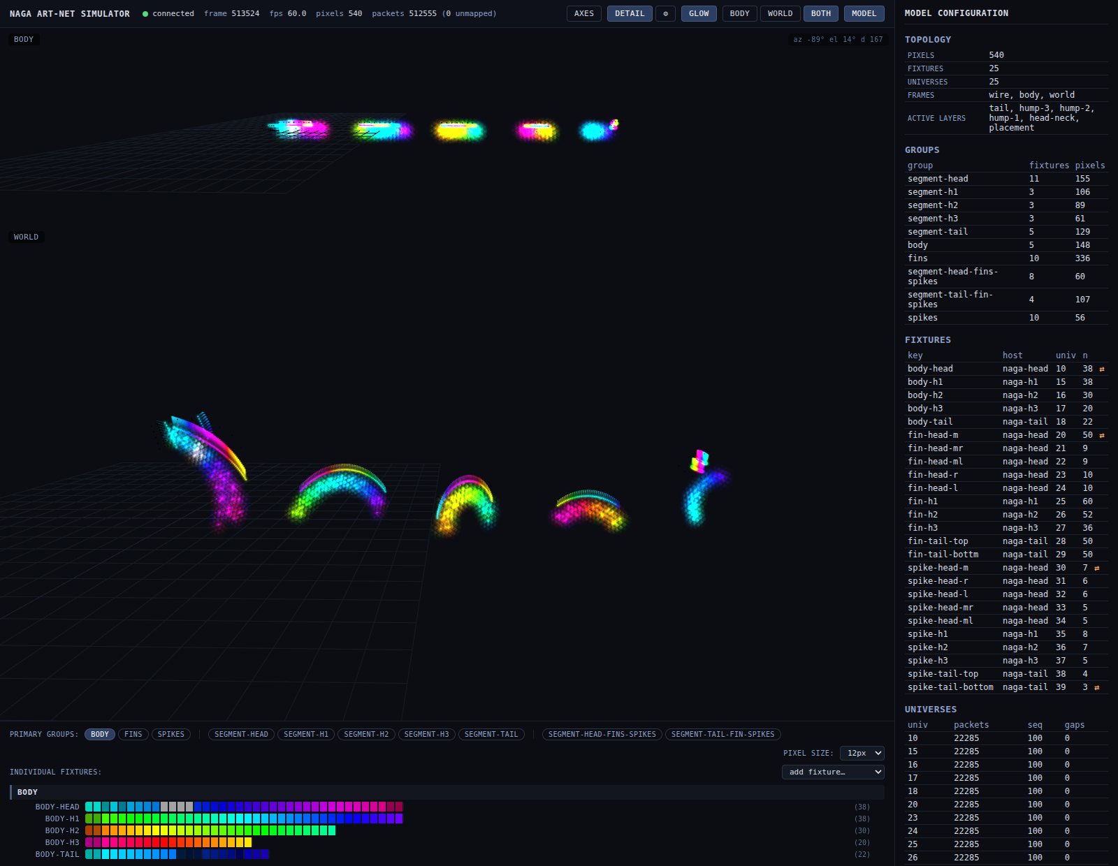 The simulator showing all three coordinate frames together: the straightened body frame in a pane at the top, the curved world frame in a larger pane below it, and under both a row of flat labeled strips giving the wire order of each body fixture