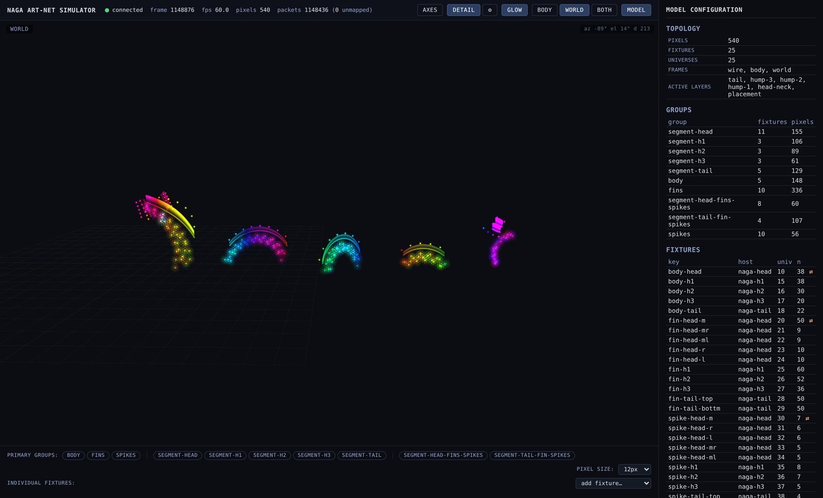 The simulator with its model panel open: the serpent drawn in 3D on the left, and on the right a table of every fixture with the node hostname that drives it, its universe number and its pixel count