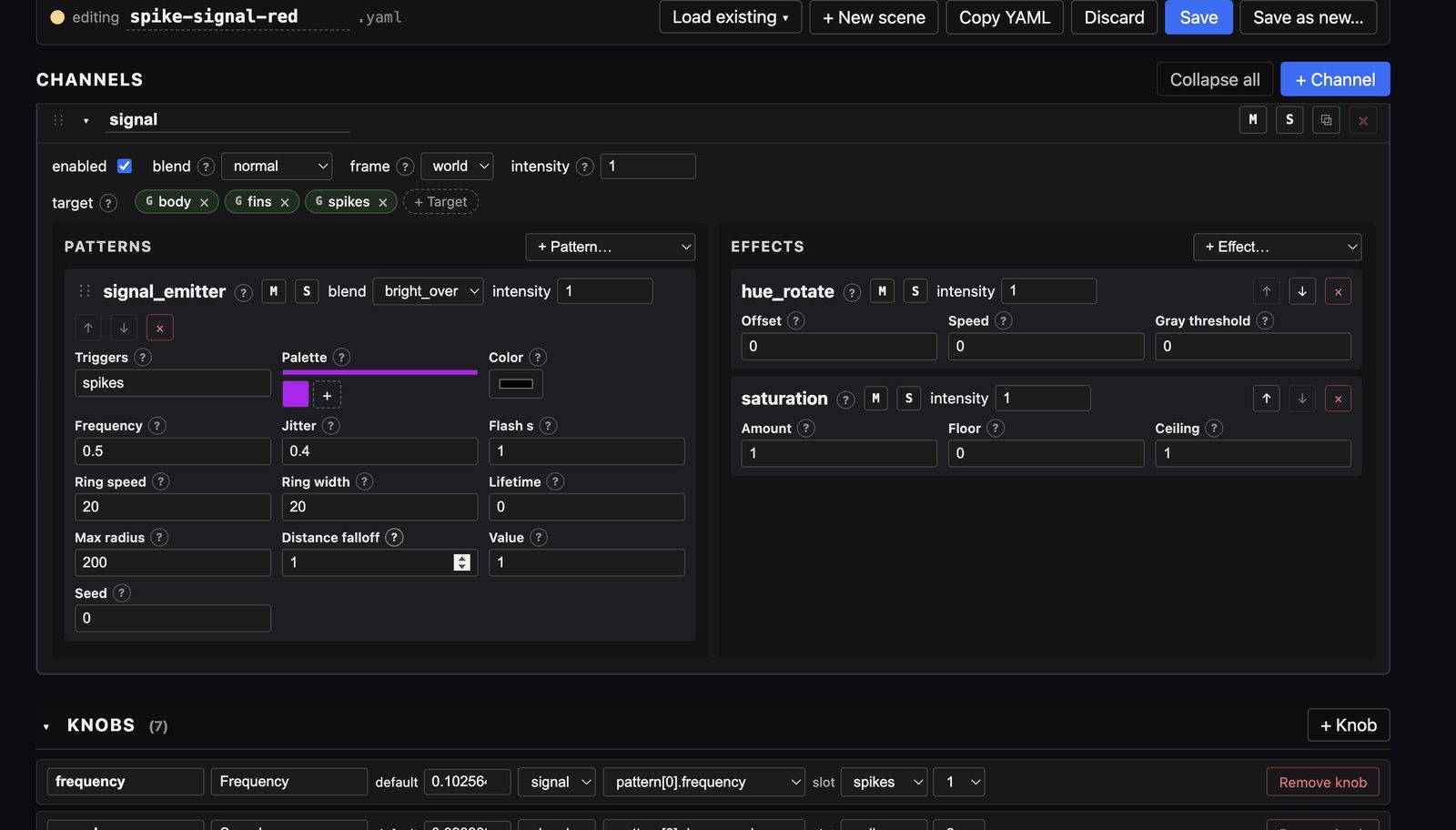 The scene builder editing spike-signal-red: one channel targeting body, fins and spikes in the world frame, a signal emitter pattern with its parameters, hue rotate and saturation effects beside it, and a knobs section binding a fader to pattern zero's frequency