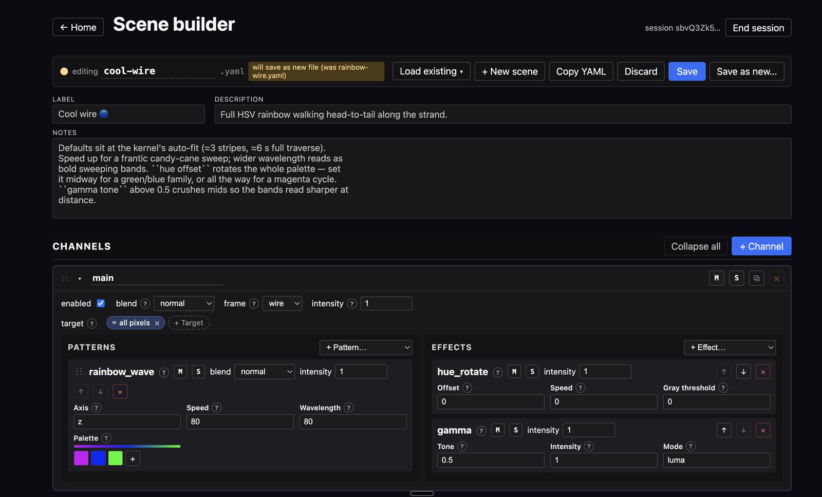 The scene builder in a browser, a channel of patterns and effects with their parameters