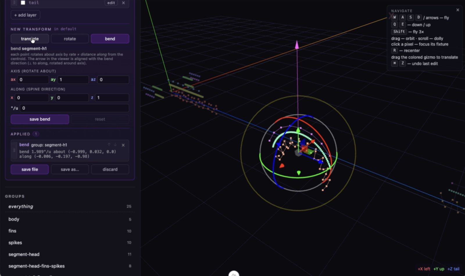 Topology editor placing and bending LED fixtures in 3D