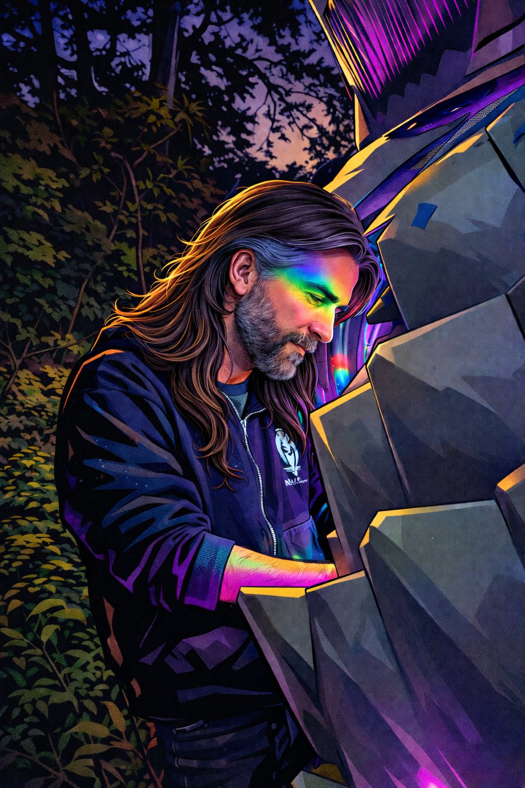Dan Rummel at twilight in the woods, leaning in against the gray angular scales of a large sculpture, a band of rainbow light falling across his face